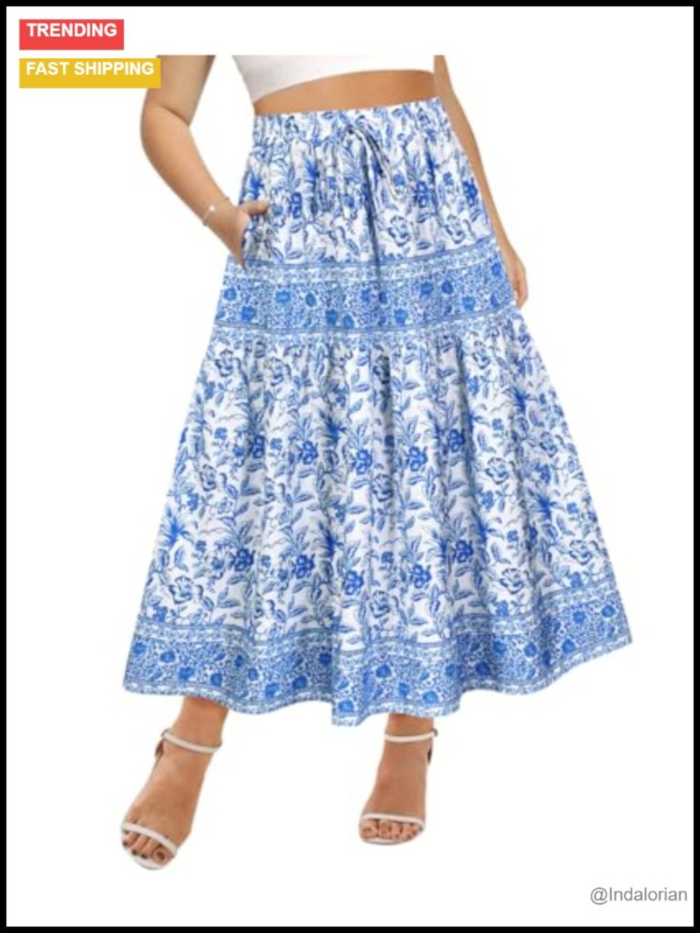 Plus Size Maxi Skirt High Waist Boho A-Line Pleated Long Skirt with Pockets